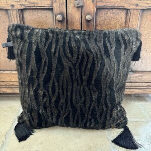 Borgata Accent Throw Pillow 18x18 Inch Faux Fur Tassels Black Brown Animal Print